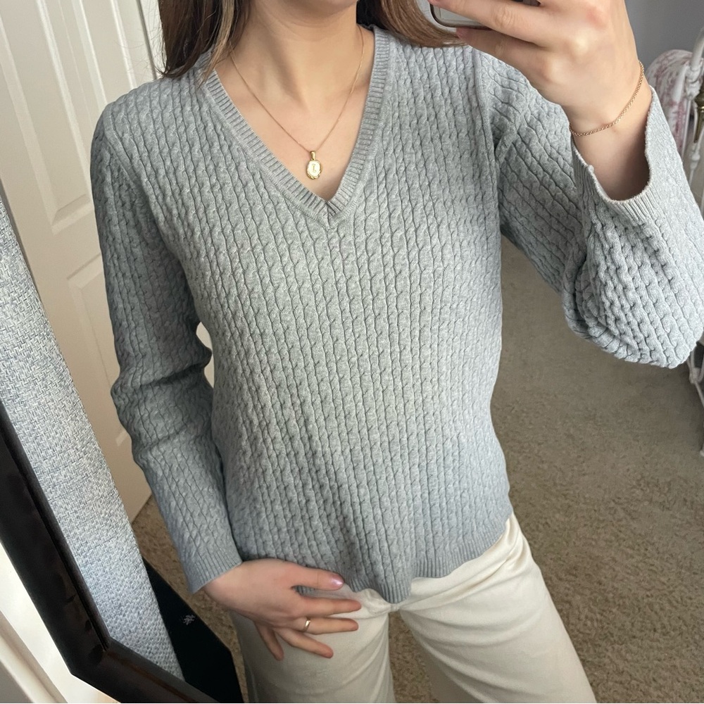 Classic Gray V‑Neck Cable Knit Sweater